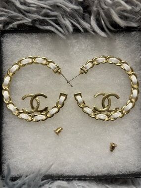 CHANEL-Inspired Gold and White CC Chain Hoop Earrings